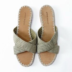 Jenni Kayne Sandals Womens 41 Green Raffia Crossover Slip On Slides Resort Beach